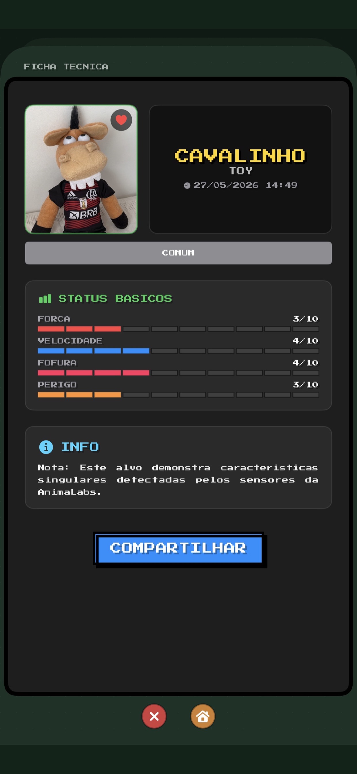 Tela de ficha do pet com status e compartilhar